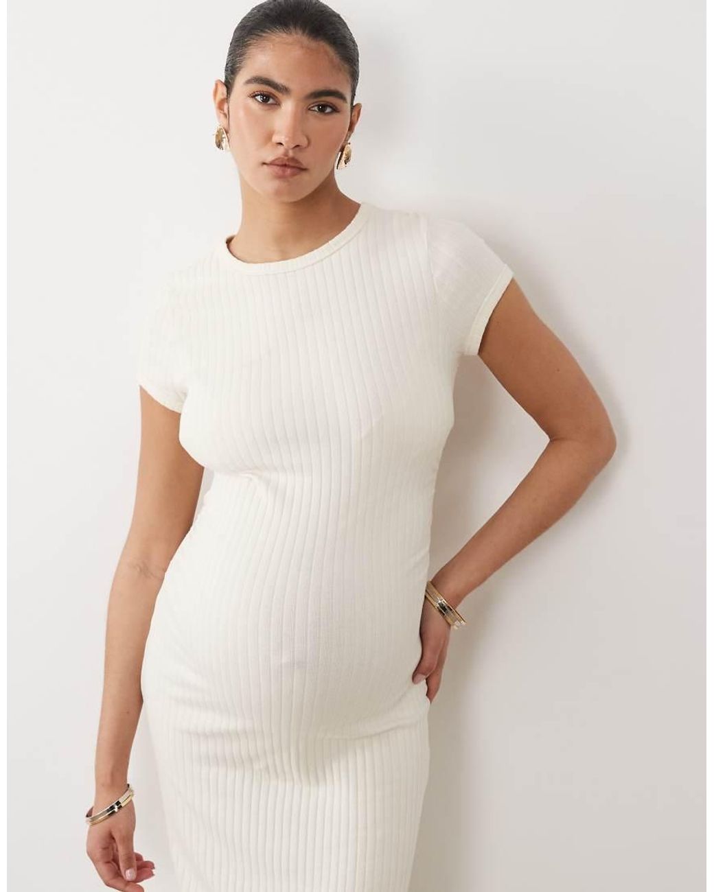 ASOS Natural Asos Design Maternity Ribbed Cap Sleeve Ruched Midi Dress