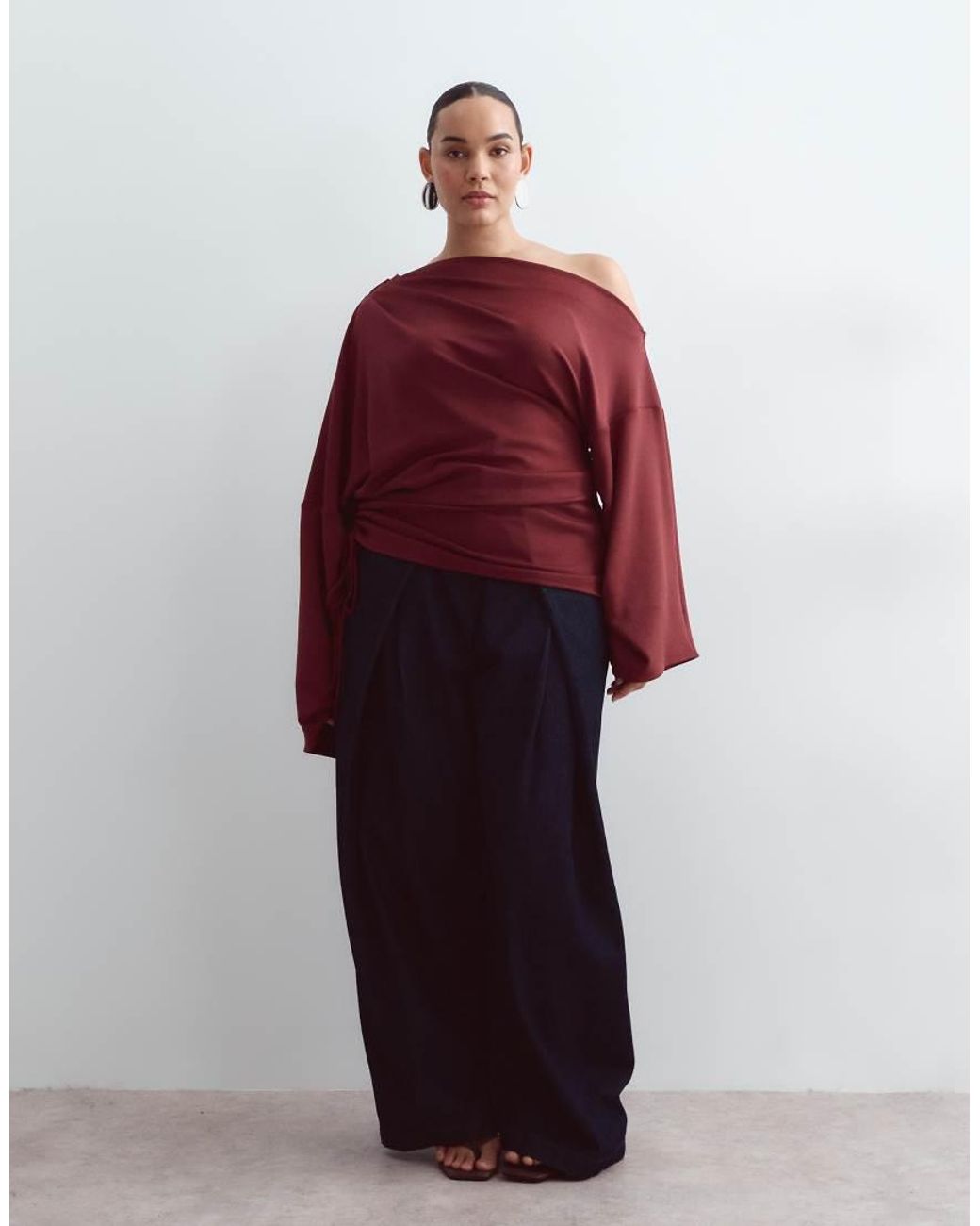 ARRANGE Red Curve Jersey Off Shoulder Long Sleeve Top With Ruched Hem
