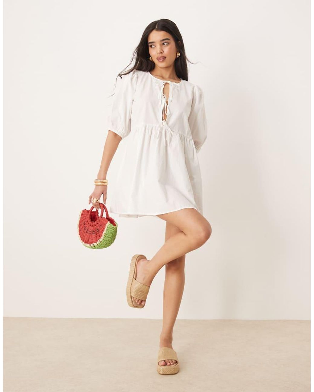Gina Tricot Natural Mini Dress With Tie Front Bodice And Puff Sleeves