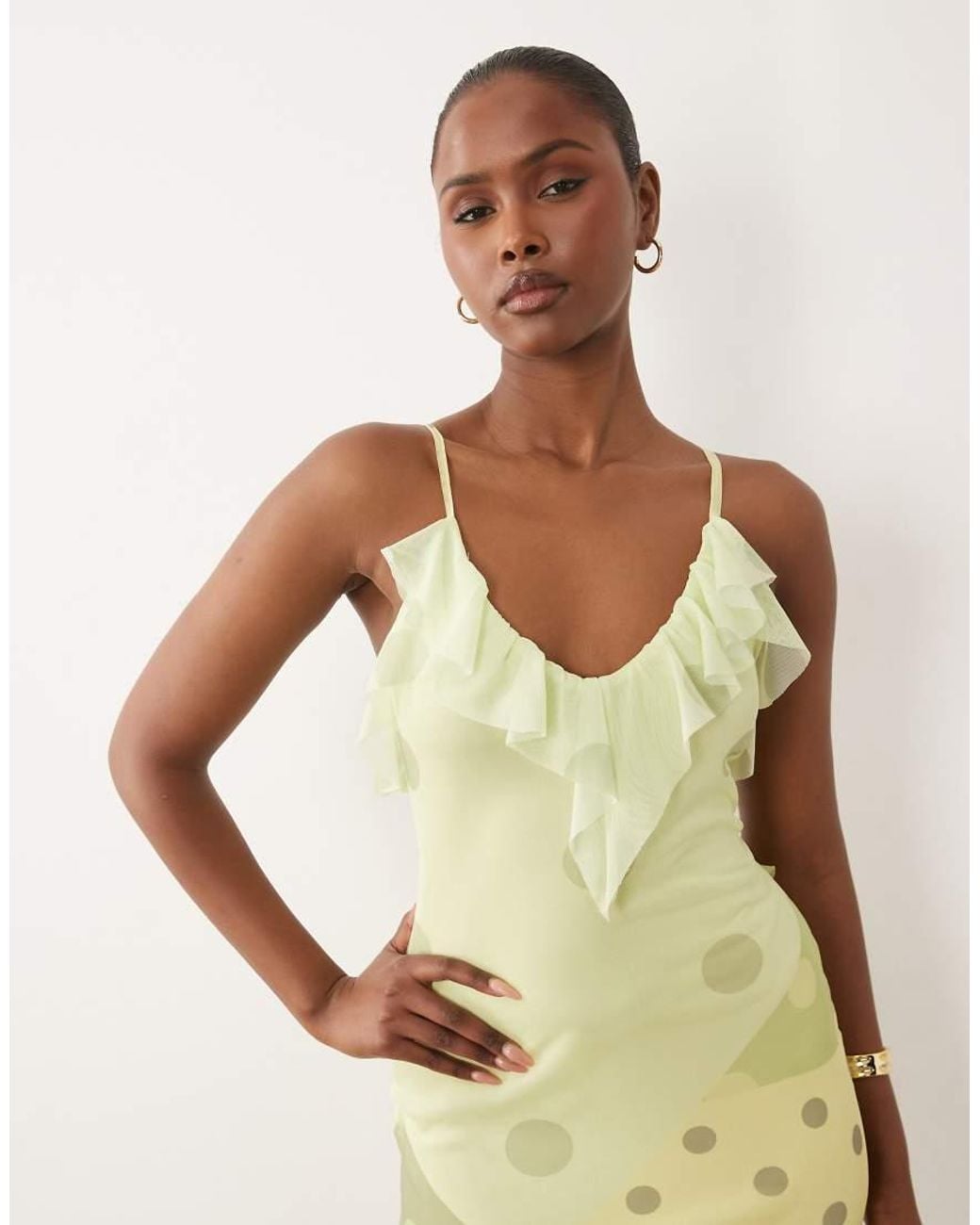ASOS Green Mesh Spliced Polka Dot Plunge Maxi Dress With Backless Frill Detail