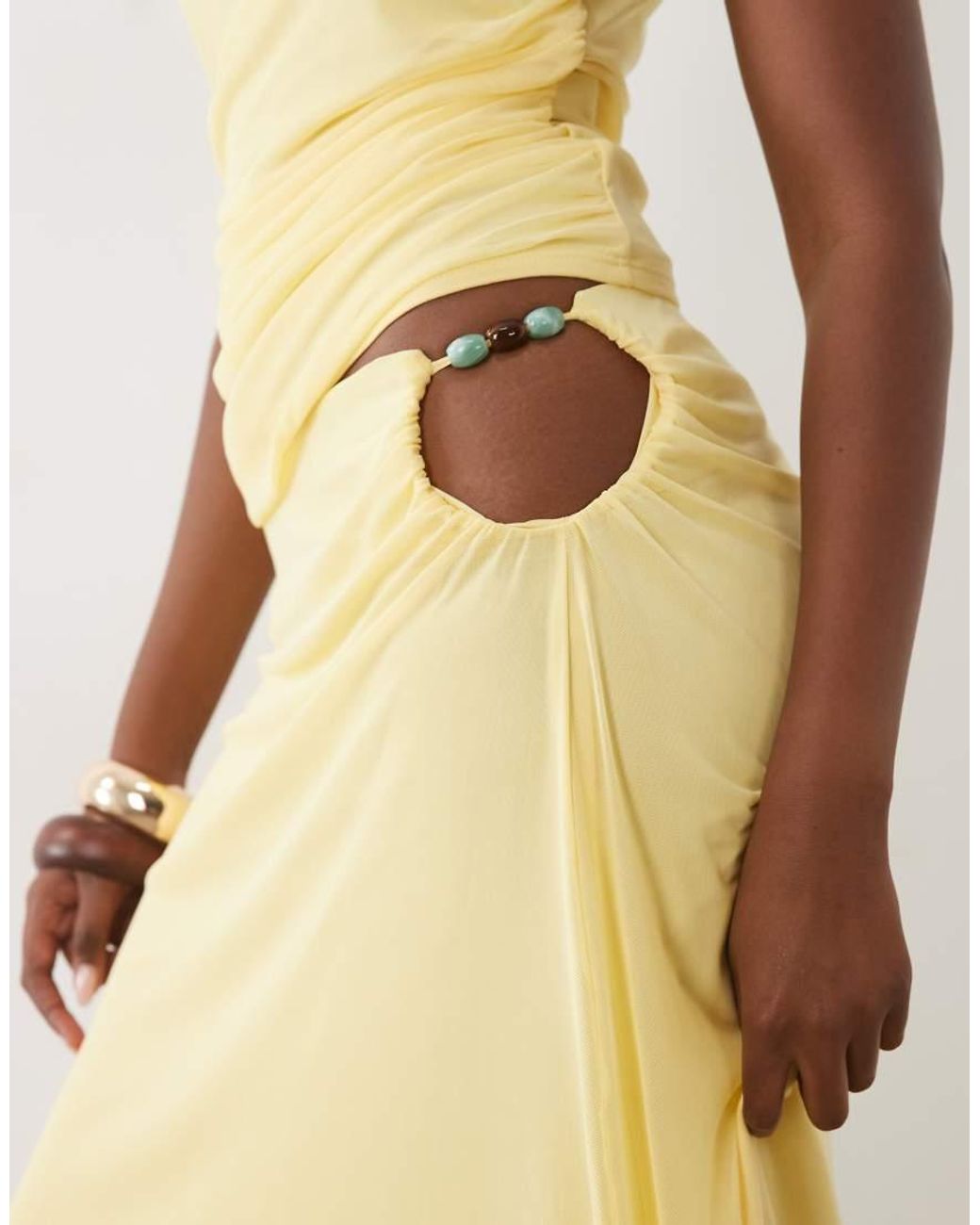ASOS Natural Co-ord Mesh Asymmetric Midi Skirt With Beaded Trim