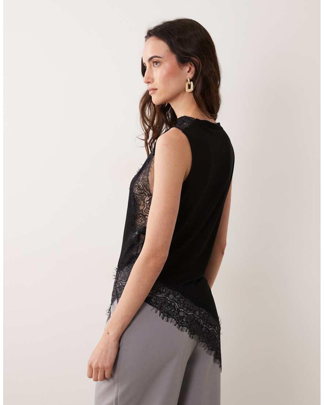 ASOS Black Slinky Asymmetric Lace Trim Top