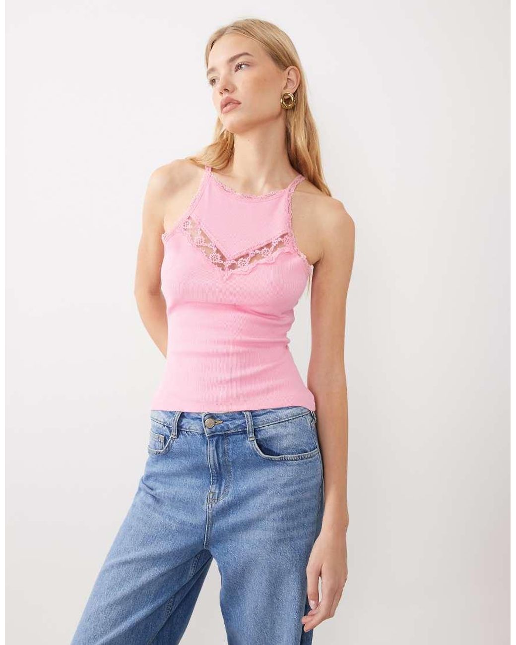 Miss Selfridge Pink Rib Tank With Lace Insert