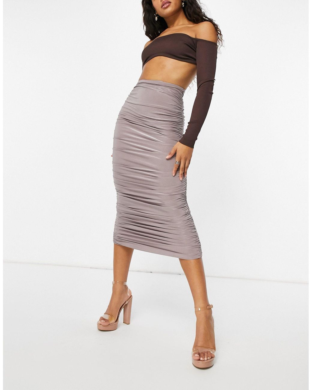 Club L London Ruched Detail Bodycon Maxi Skirt in Purple
