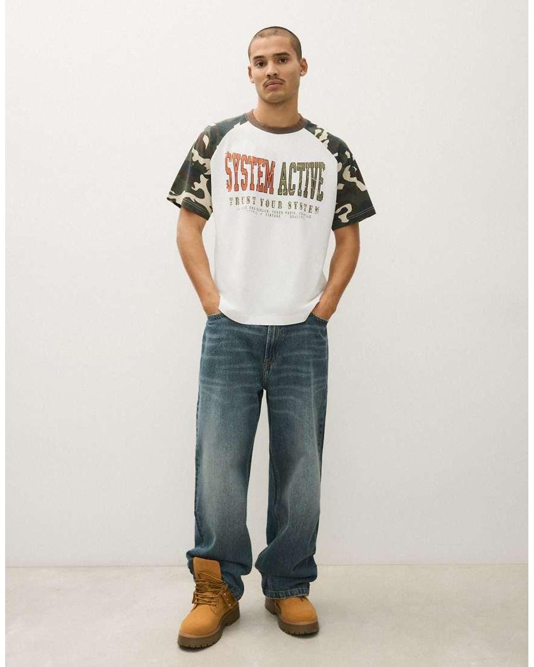 Bershka White Short Sleeve Raglan Print T-Shirt for men