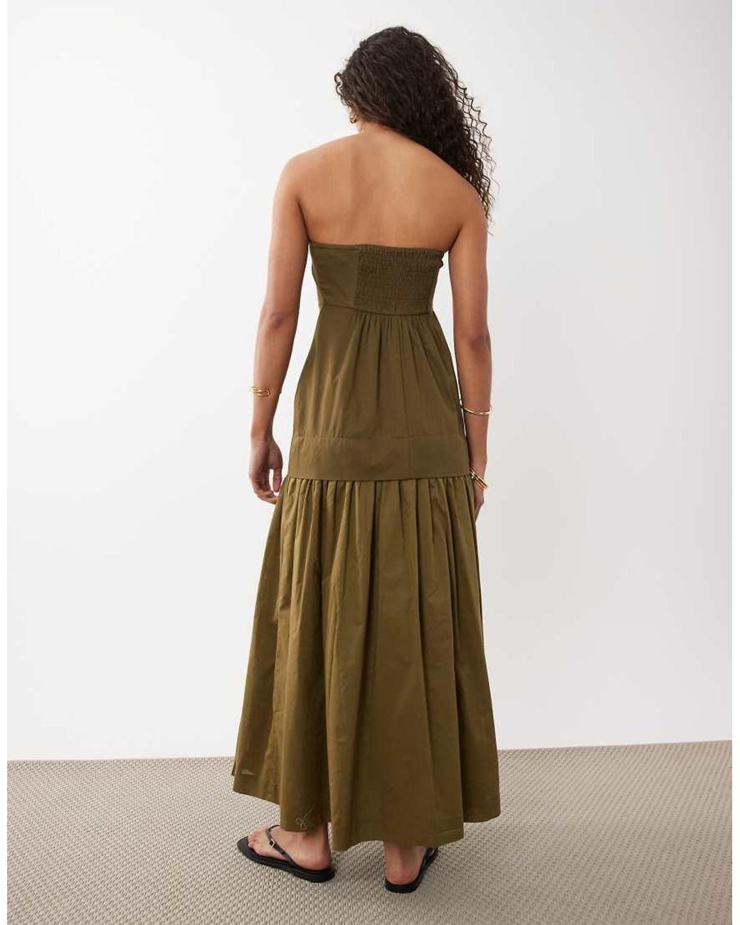 ASOS Green Cotton Sateen Bandeau Maxi Sundress With Dropped Waist Poplin Skirt