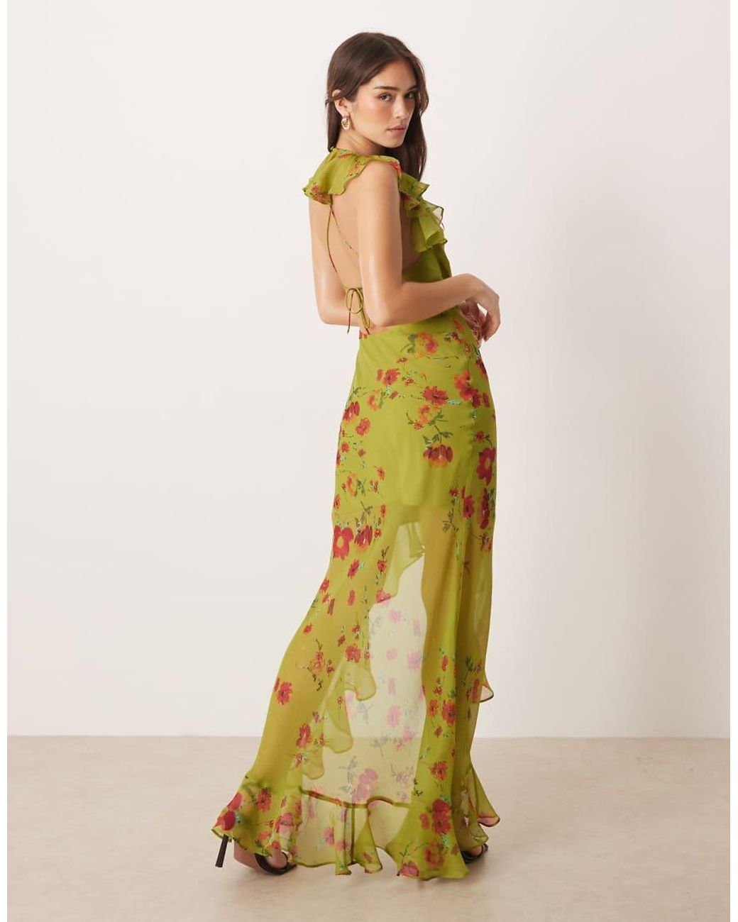 ASOS Green Frill Sleeve Cowl Asymmetric Hem Maxi Dress