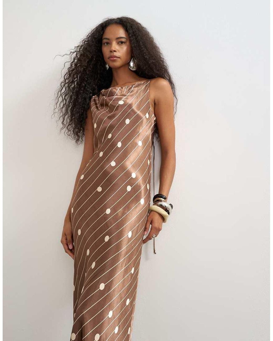 TOPSHOP Brown Satin Polka Dot Asymmetric Maxi Dress