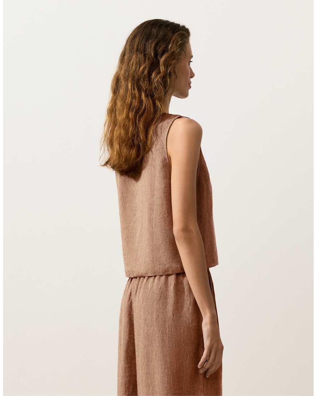 Oysho Brown 100% Linen Square Neck Crossover Tie Top