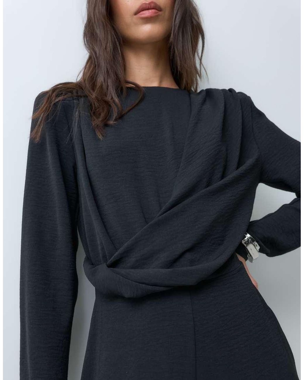 ASOS Blue Shoulder Pad Long Sleeve Jumpsuit With Ruched Bodice And Twist Detail