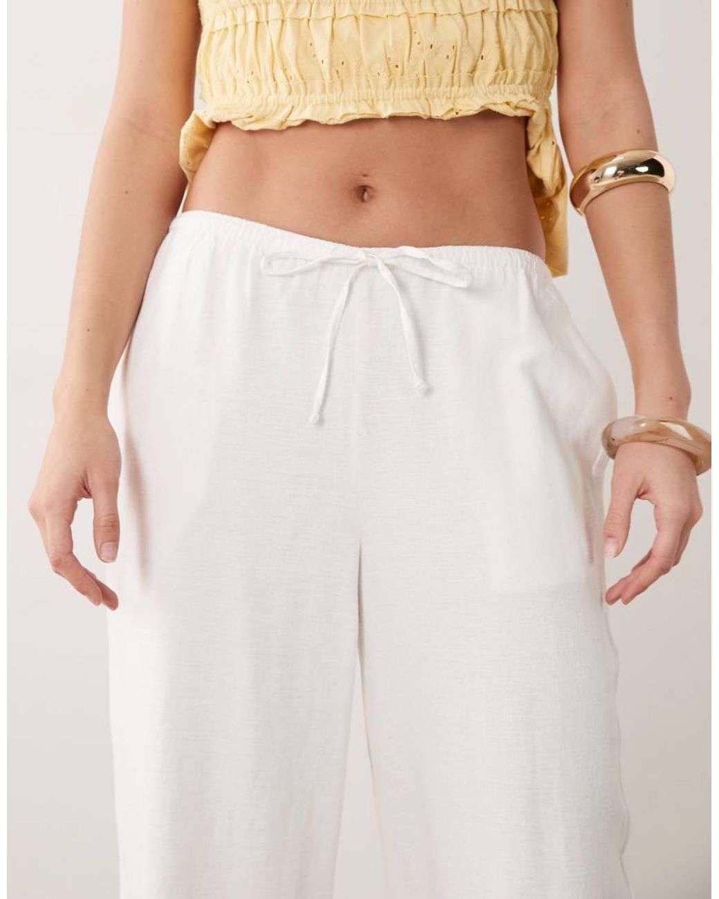 Abercrombie & Fitch White Linen Rich Wide Leg Pull On Trousers With Embroidered Hem