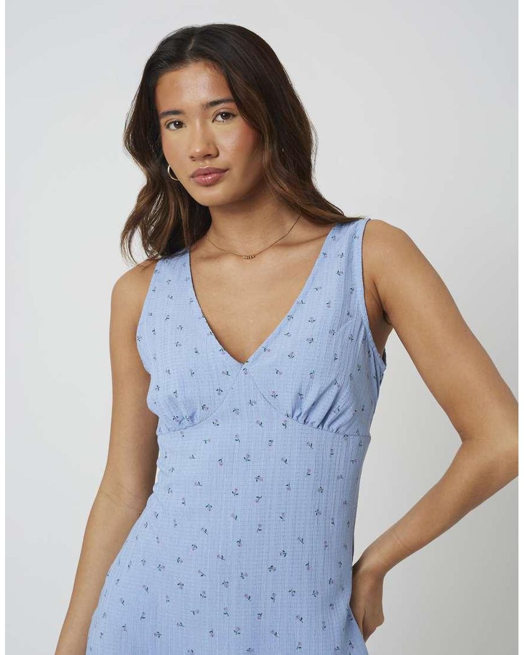 Brave Soul Blue Strappy V-Neck Floral Midi Dress