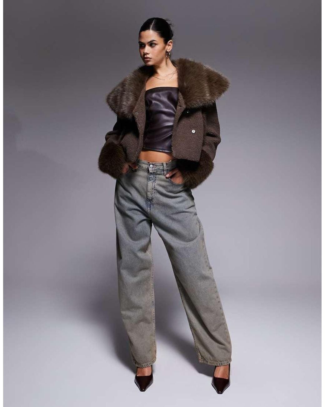 The Frolic Gray Exclusive Boucle Faux Fur Oversized Collar And Cuff Detail Jacket