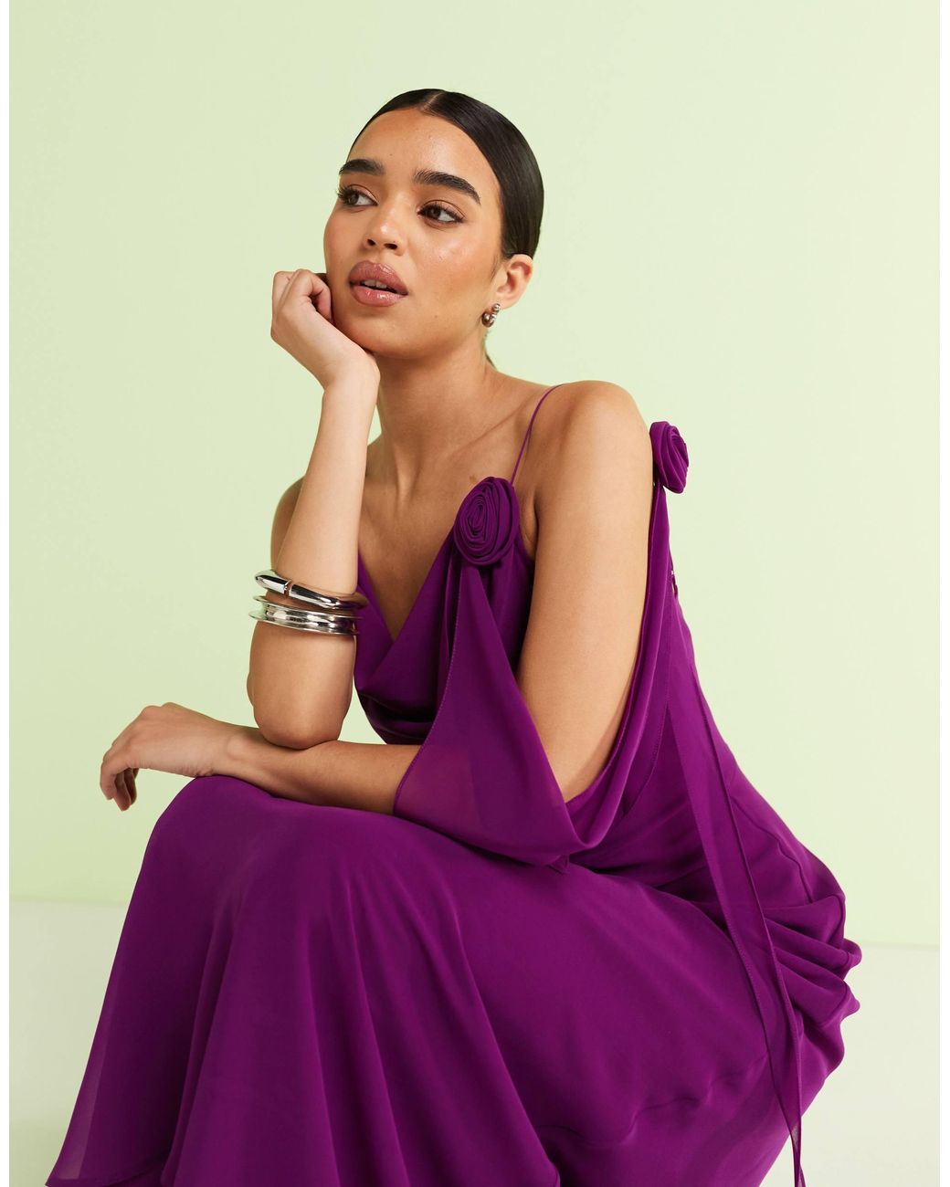 mango purple maxi dress Mango Chiffon Maxi Dress With Draped Rosette Detailing in Purple