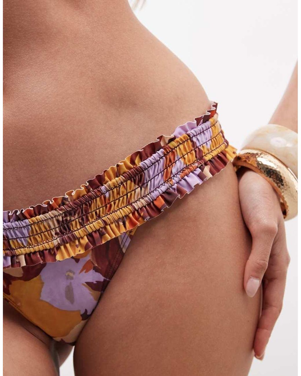 ASOS Natural May Frill Edge Shirred Hipster Bikini Bottom