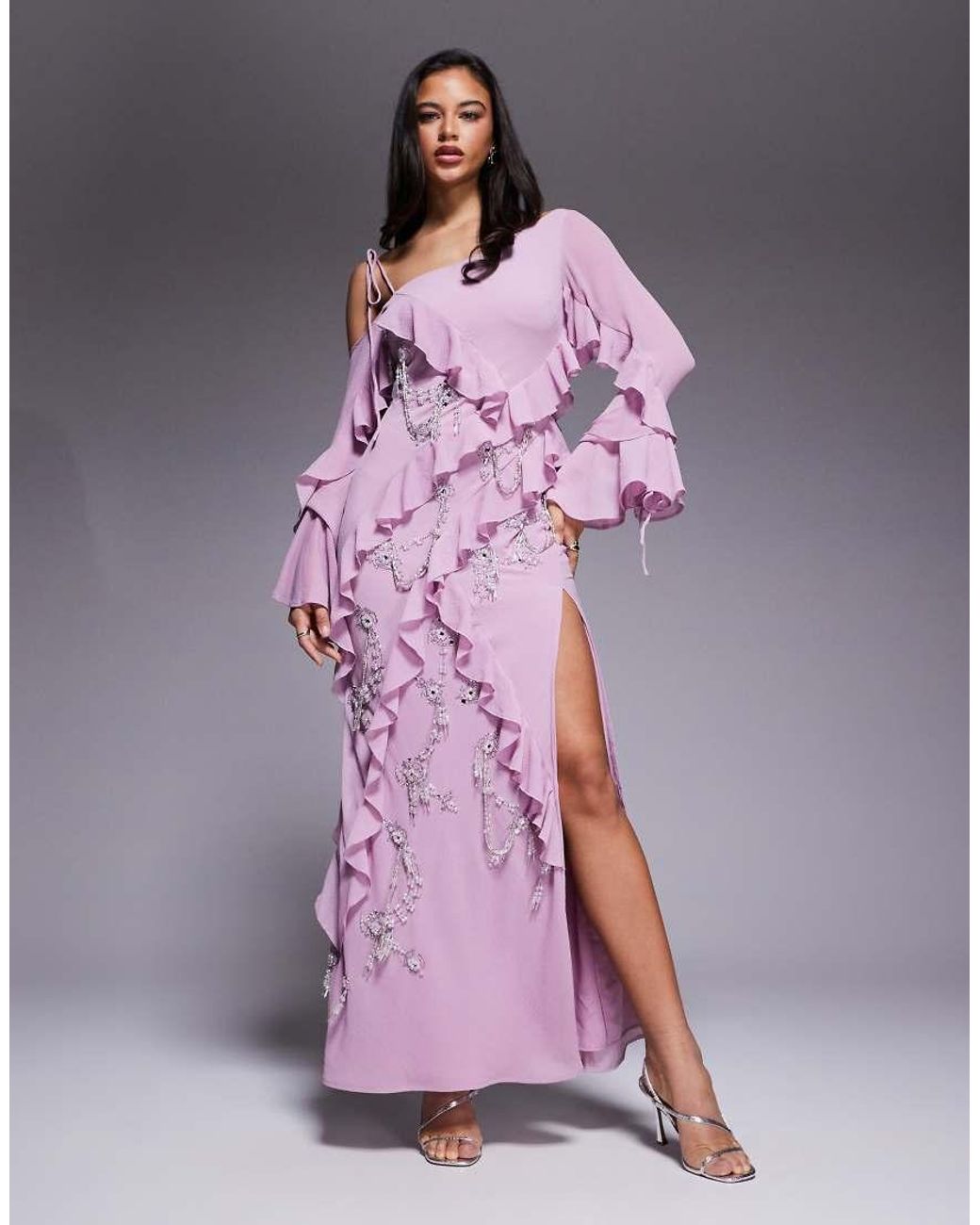 ASOS Raw Edge Ruffle Embellished Maxi Dress With Asymmetric Sleeves In ASOS Raw Edge Ruffle Embellished Maxi Dress With Asymmetric Sleeves In