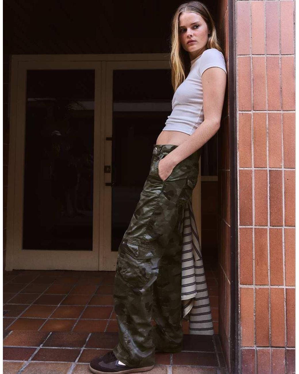 Bershka Brown Straight-Leg Camouflage Cargo Trousers