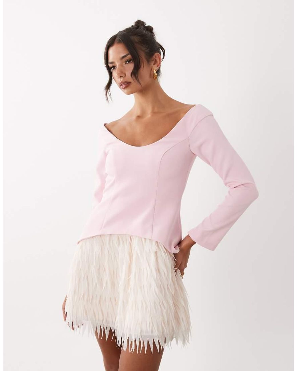 ASOS Pink Structured Long Sleeve Mini Dress With Fringe Skirt