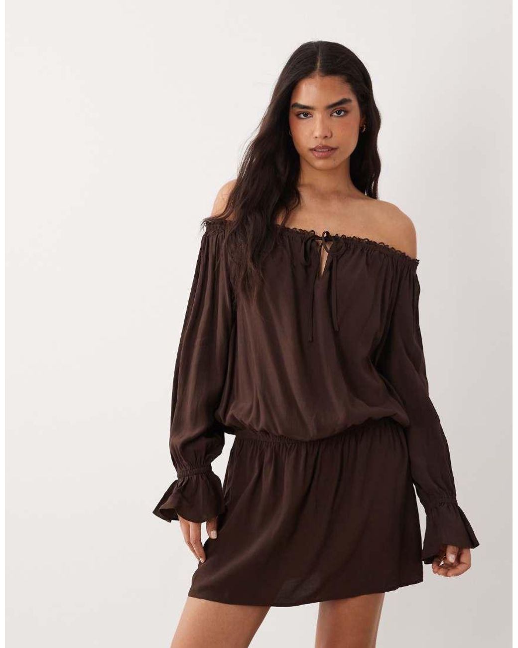 Cotton On Natural Boho Off Shoulder Ruffle Mini Dress