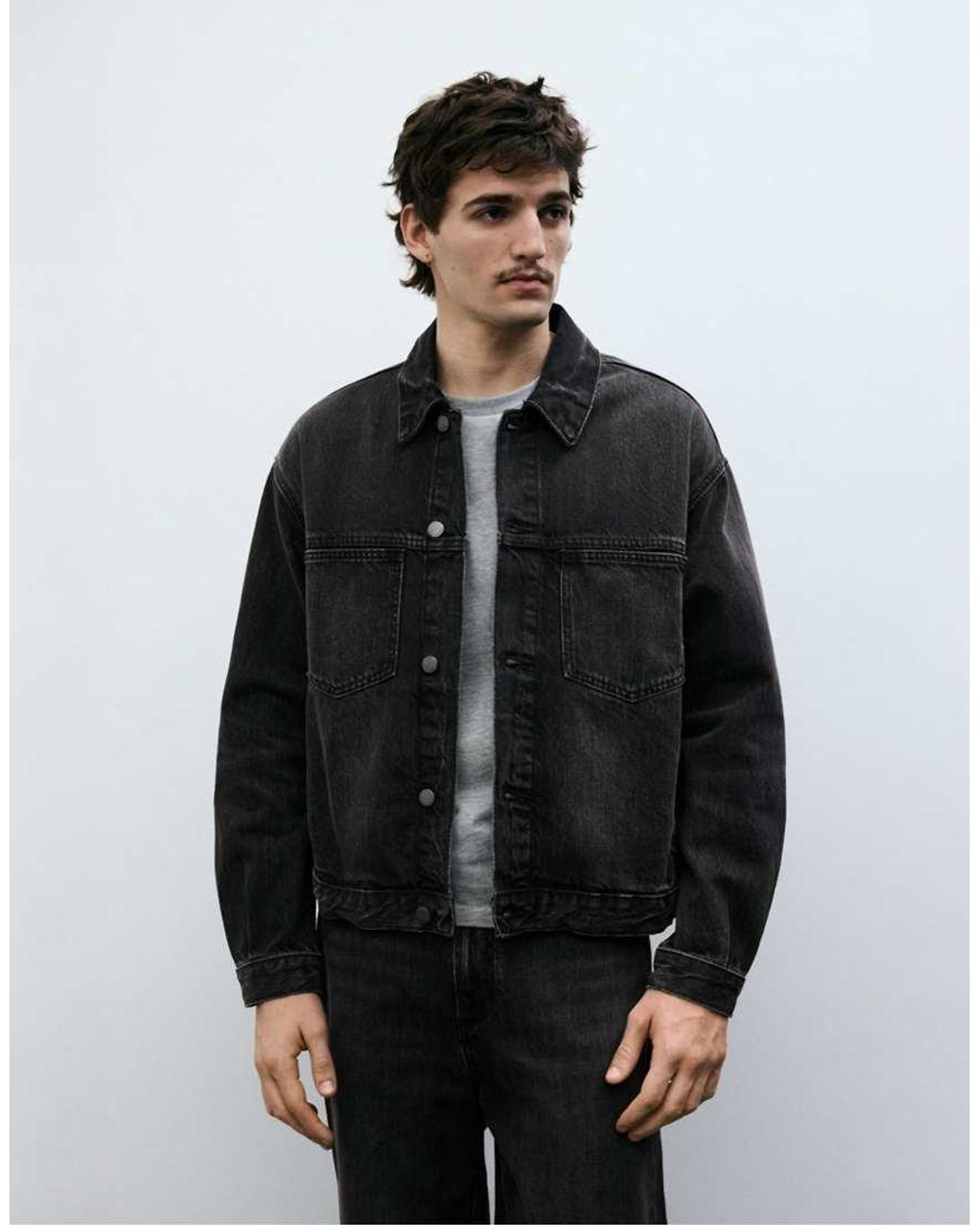 Pull&Bear Black Denim Trucker Jacket for men
