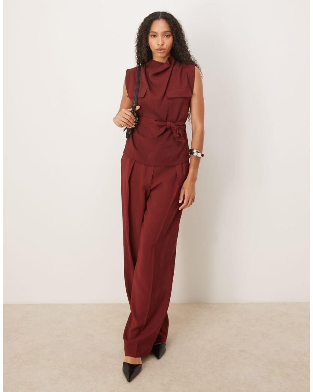 Mango Red High Neck Belted Sleeveless Top Co-ord