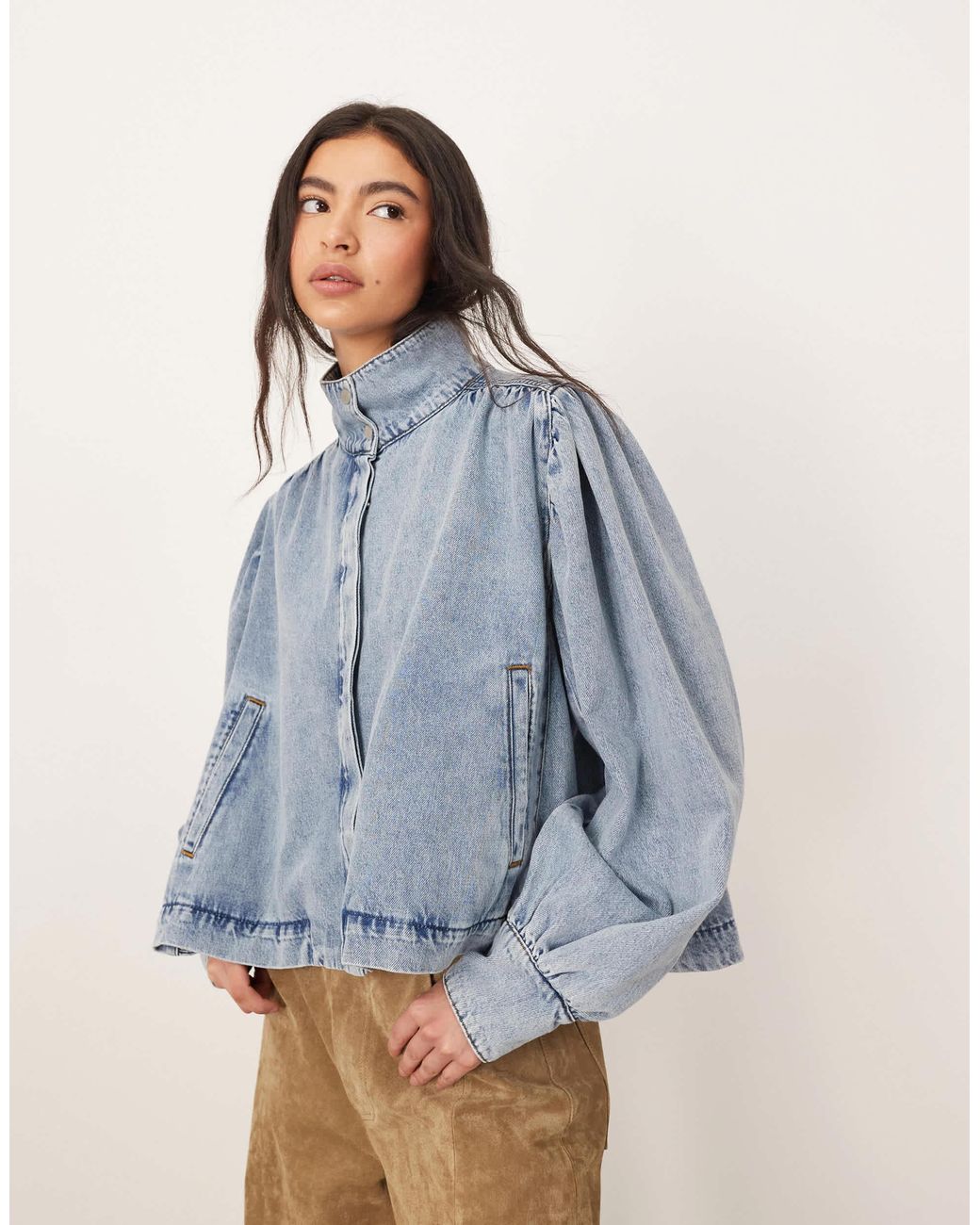 ARRANGE Denim Balloon Sleeve Button Up Boxy Shacket in Blue