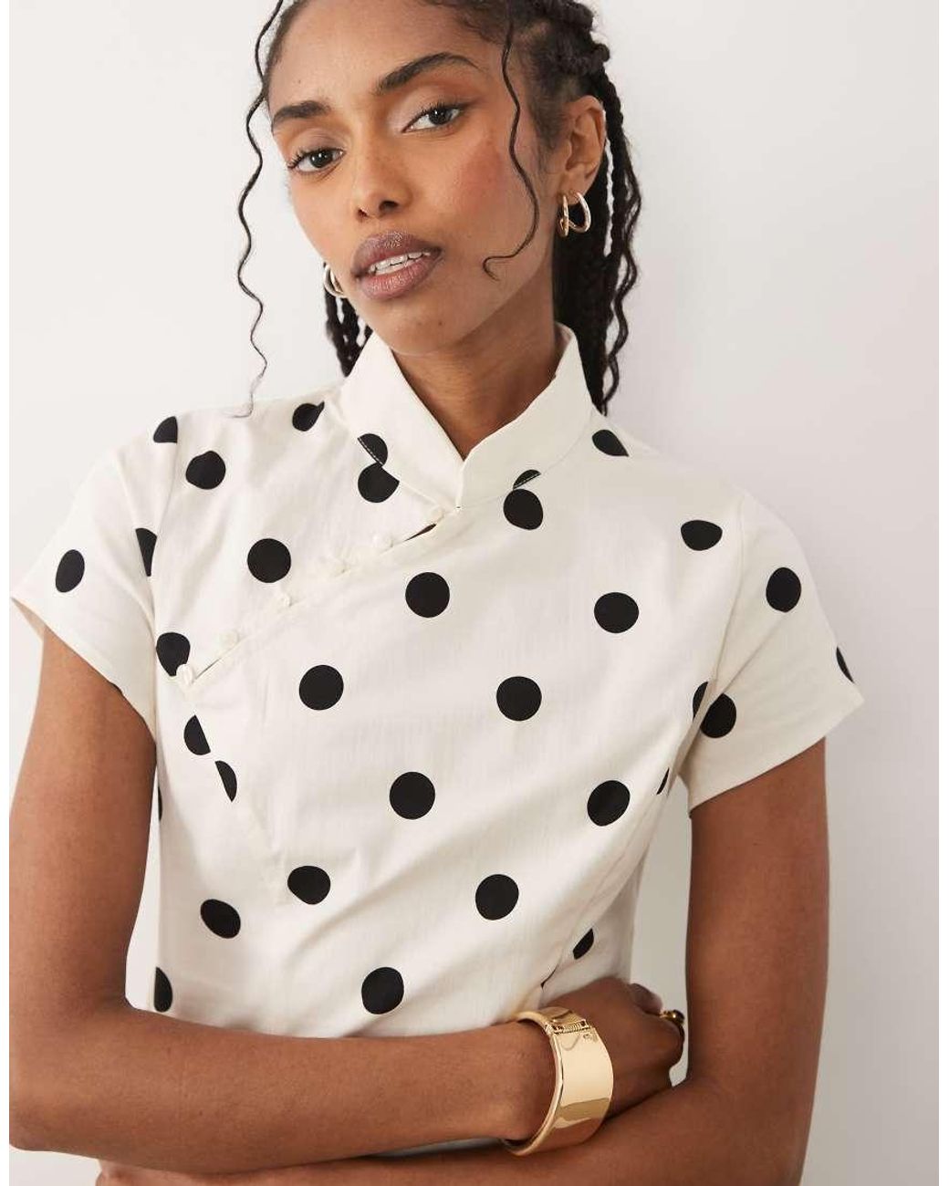 ASOS Brown Mandarin Collar With Asym Button Detail Top