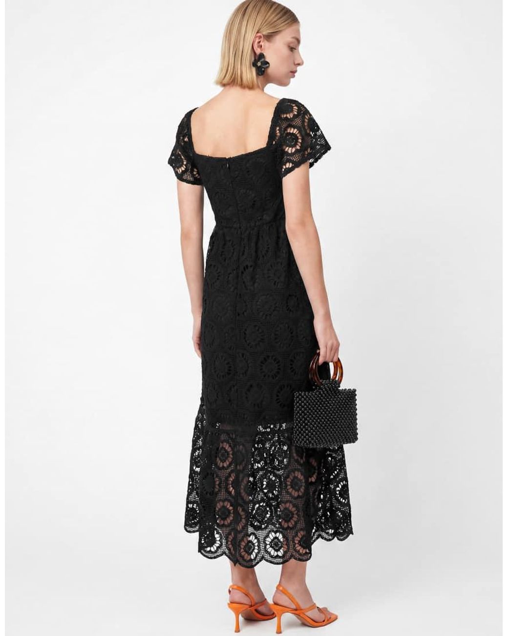 Lovedrobe Black Floral Lace Square Neck Short Sleeve Midaxi Dress
