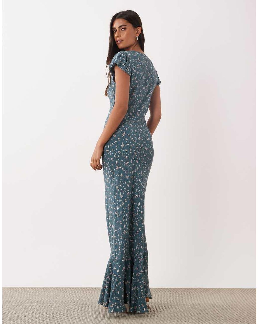 ASOS Blue Puff Sleeve V Neck Maxi Tea Dress