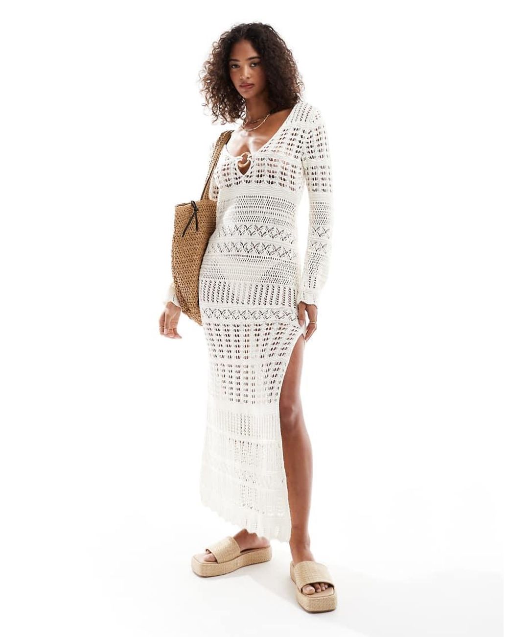 Miss Selfridge White Knitted Crochet O Ring Long Sleeve Maxi Dress