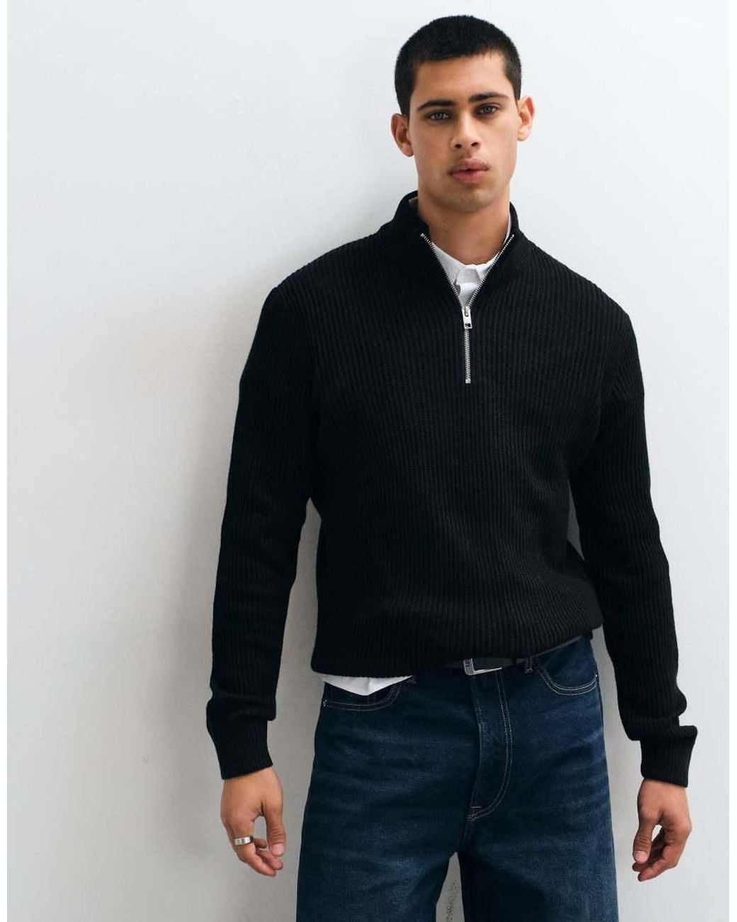 Jack & Jones Blue Fine Rib Quarter Zip Jumper for men