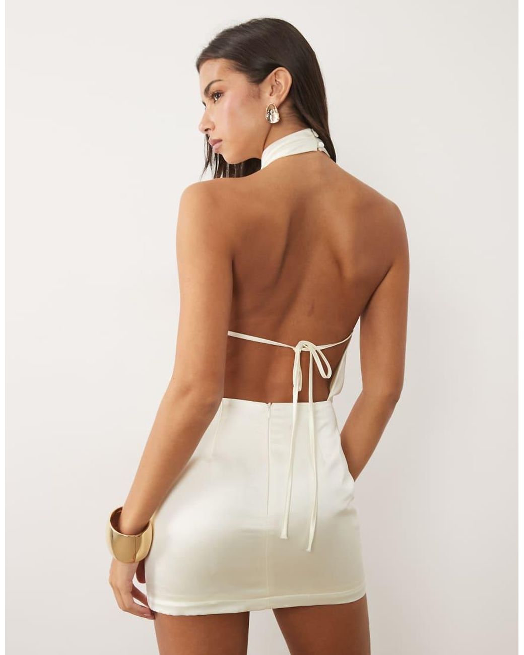 Aria Cove White Satin High Neck Fitted Skirt Mini Dress