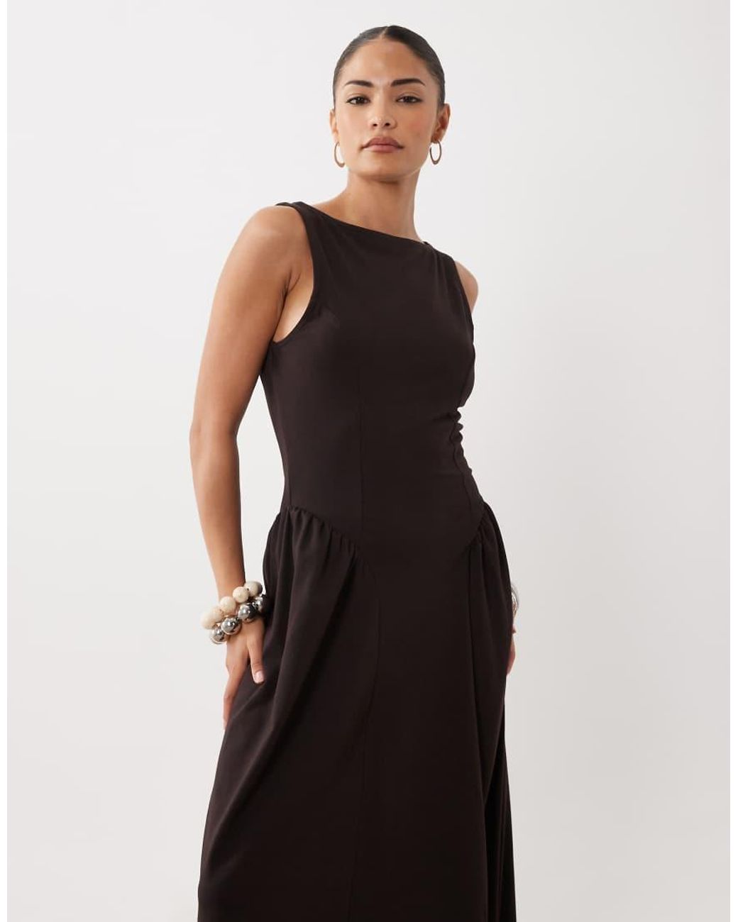 ASOS Black Asos Design Petite Boat Neck Waist Detail Midi Dress