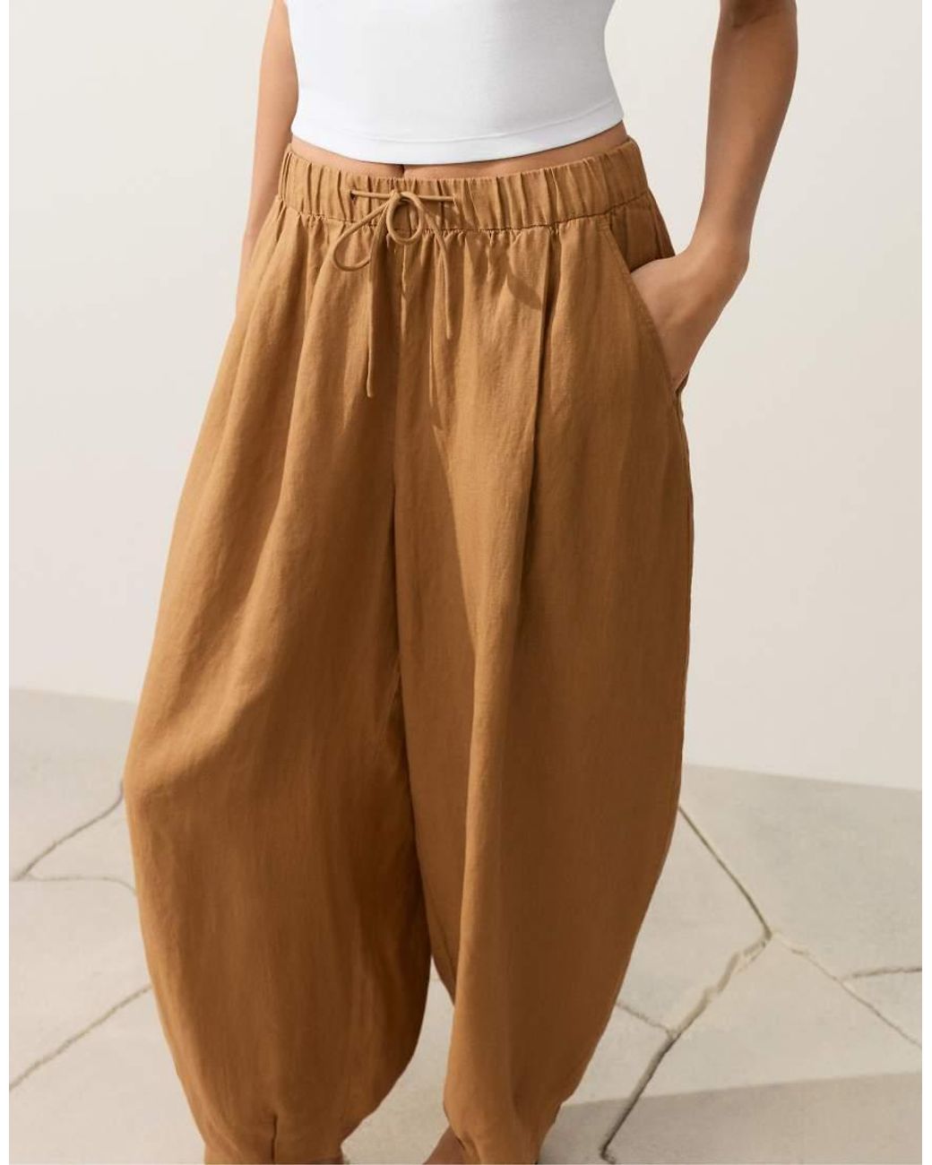 Oysho Natural 100% Linen Pleated Balloon Trousers