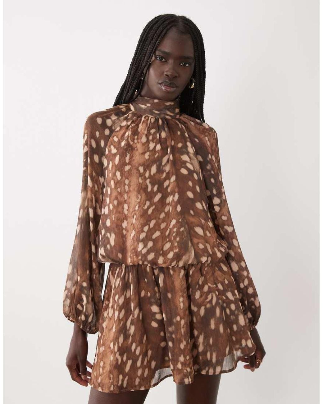 Mango Brown High Neck Long Sleeve Mini Dress