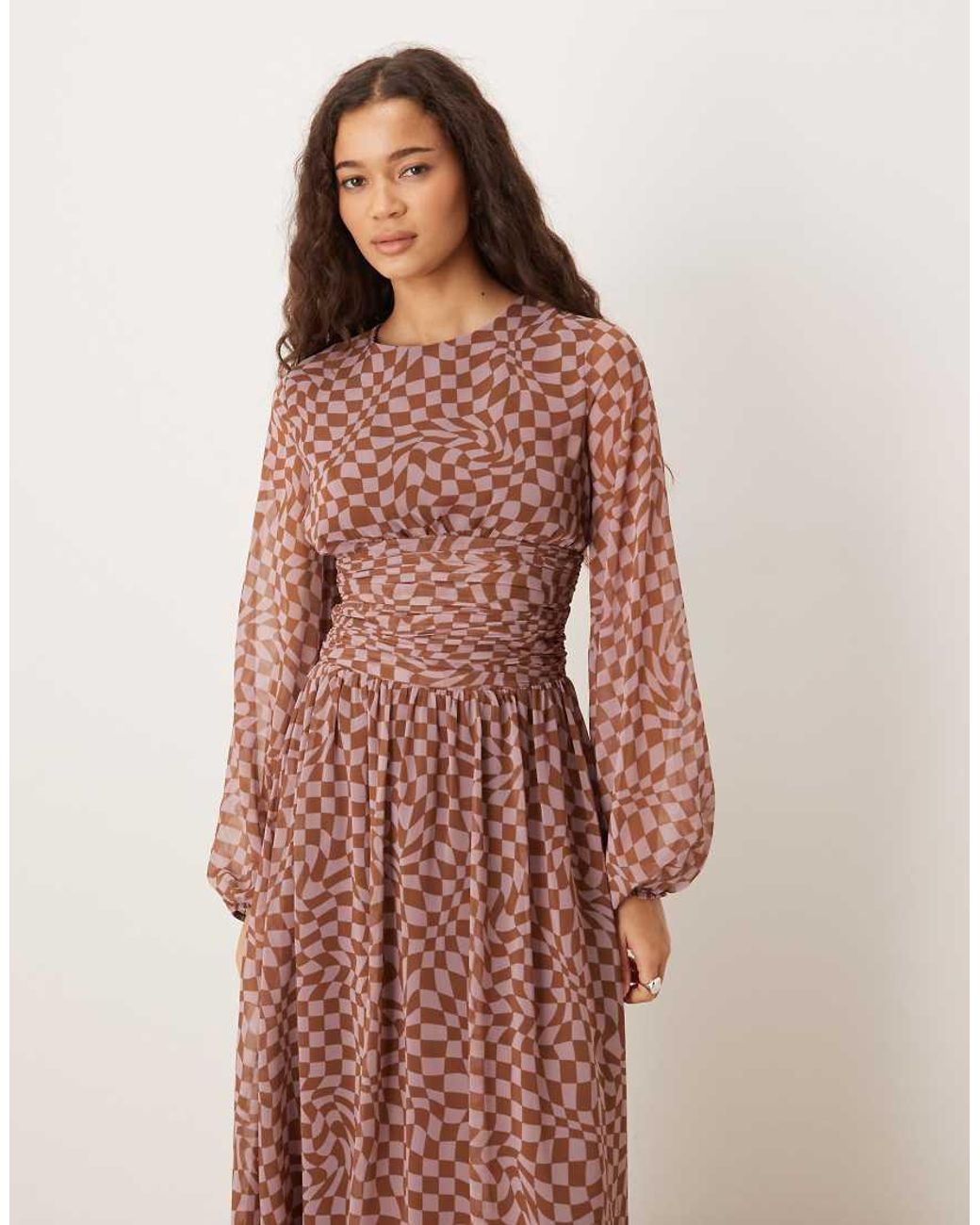 ASOS Pink Chiffon Crew Neck Maxi Dress With Ruched Waist And Volume Sleeve
