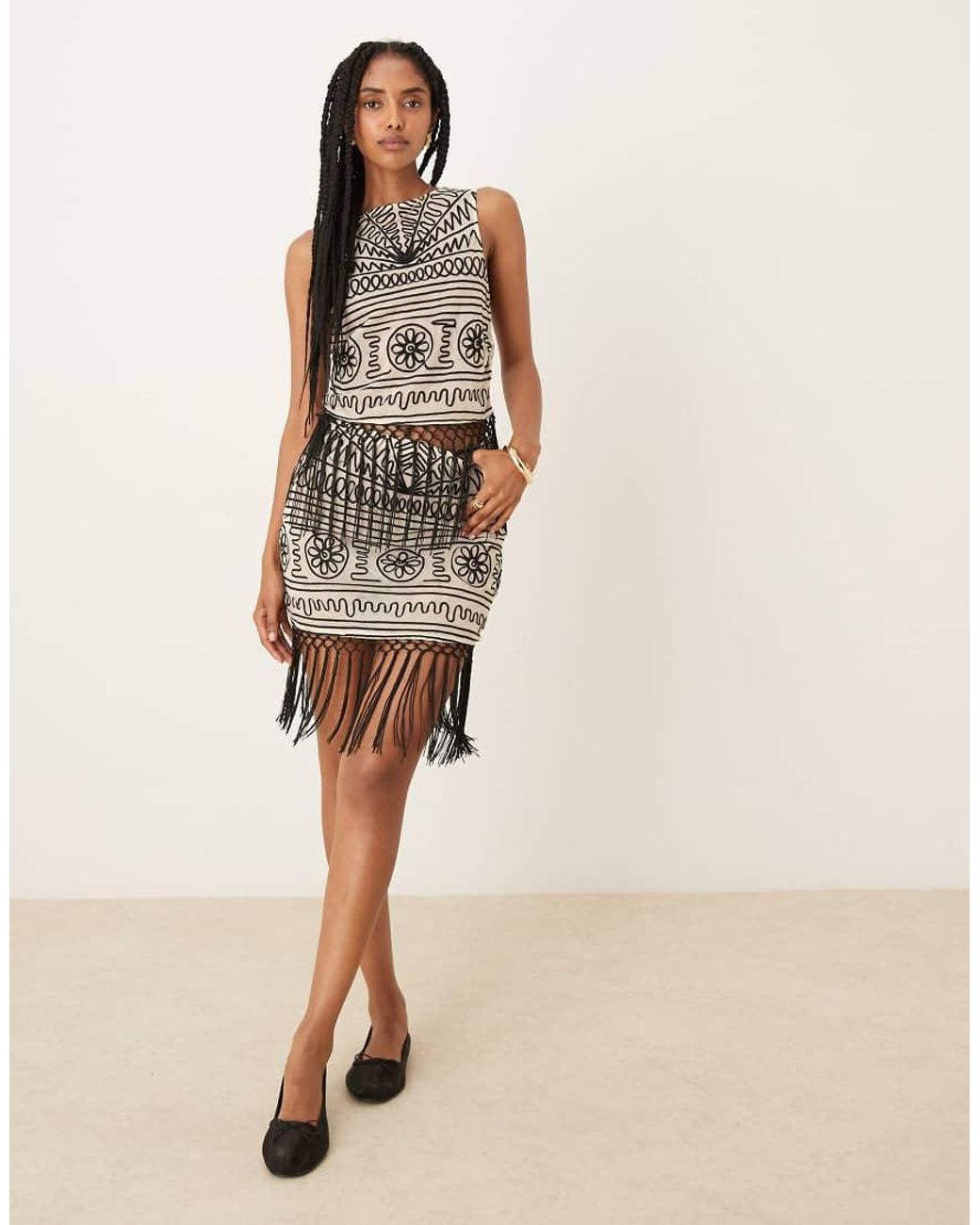 ASOS Multicolor Embroidered Mesh Fringed Top