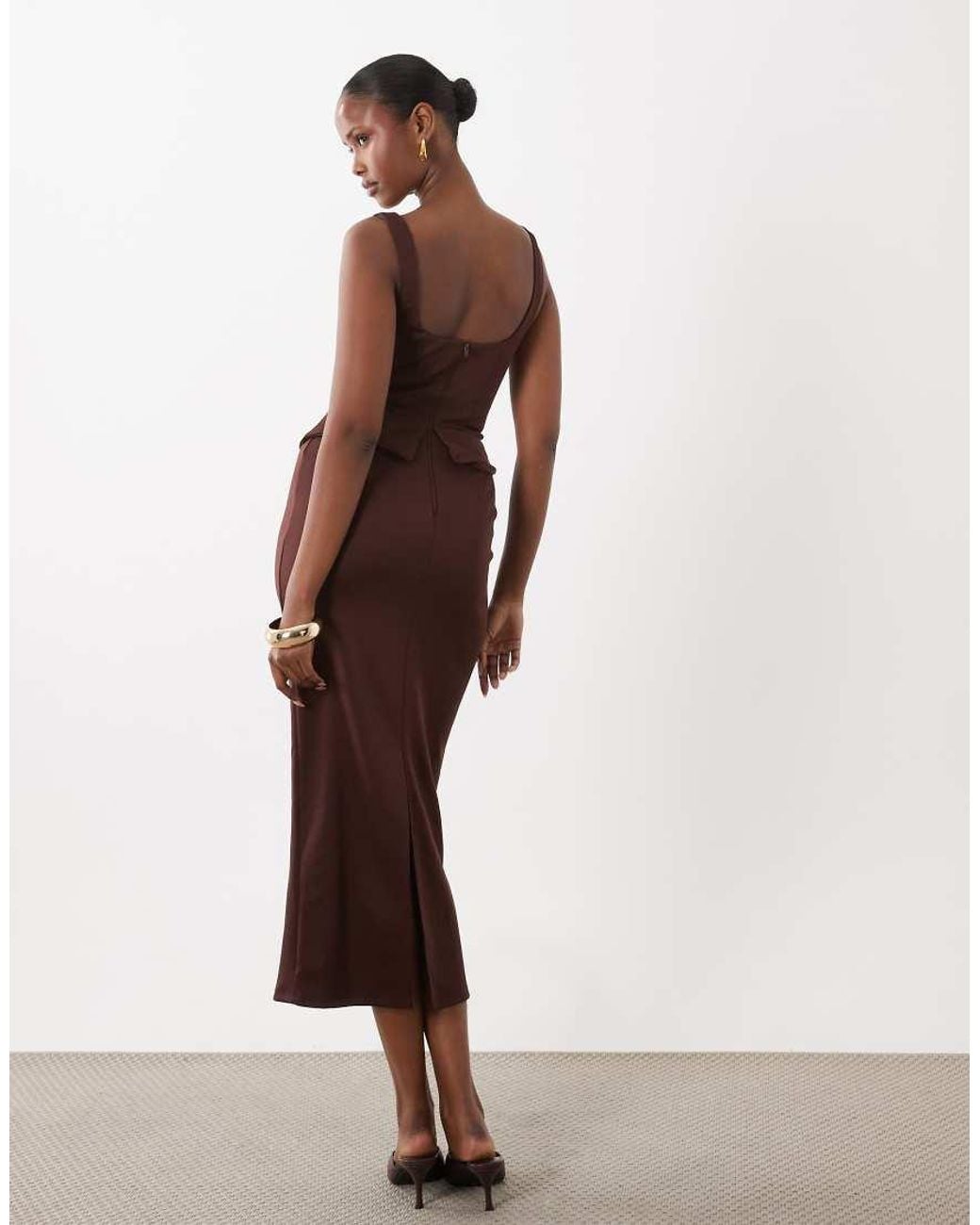 ASOS Brown Structured Pencil Midi Dress With Corset Waist Detail