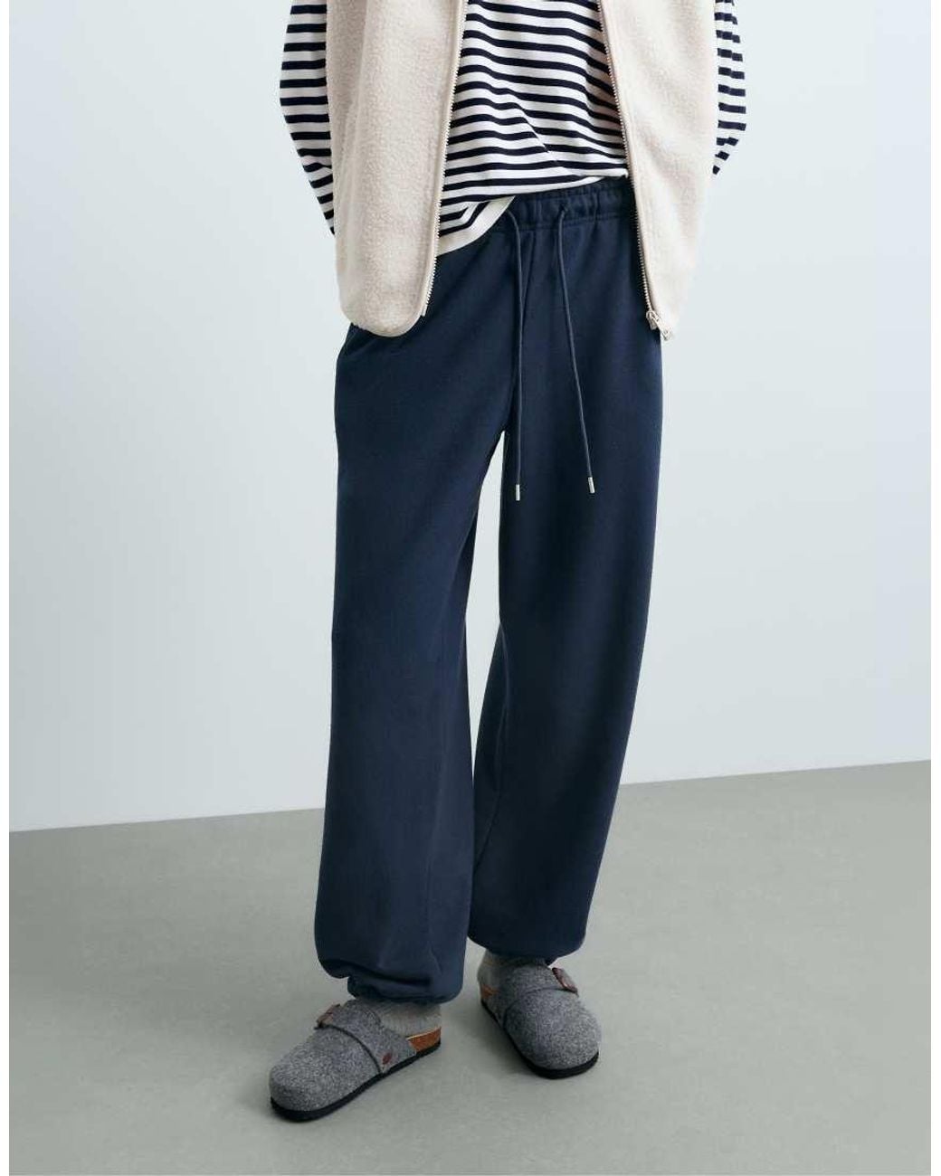 Oysho Blue Cotton Blend Fleece Straight-Leg Trousers