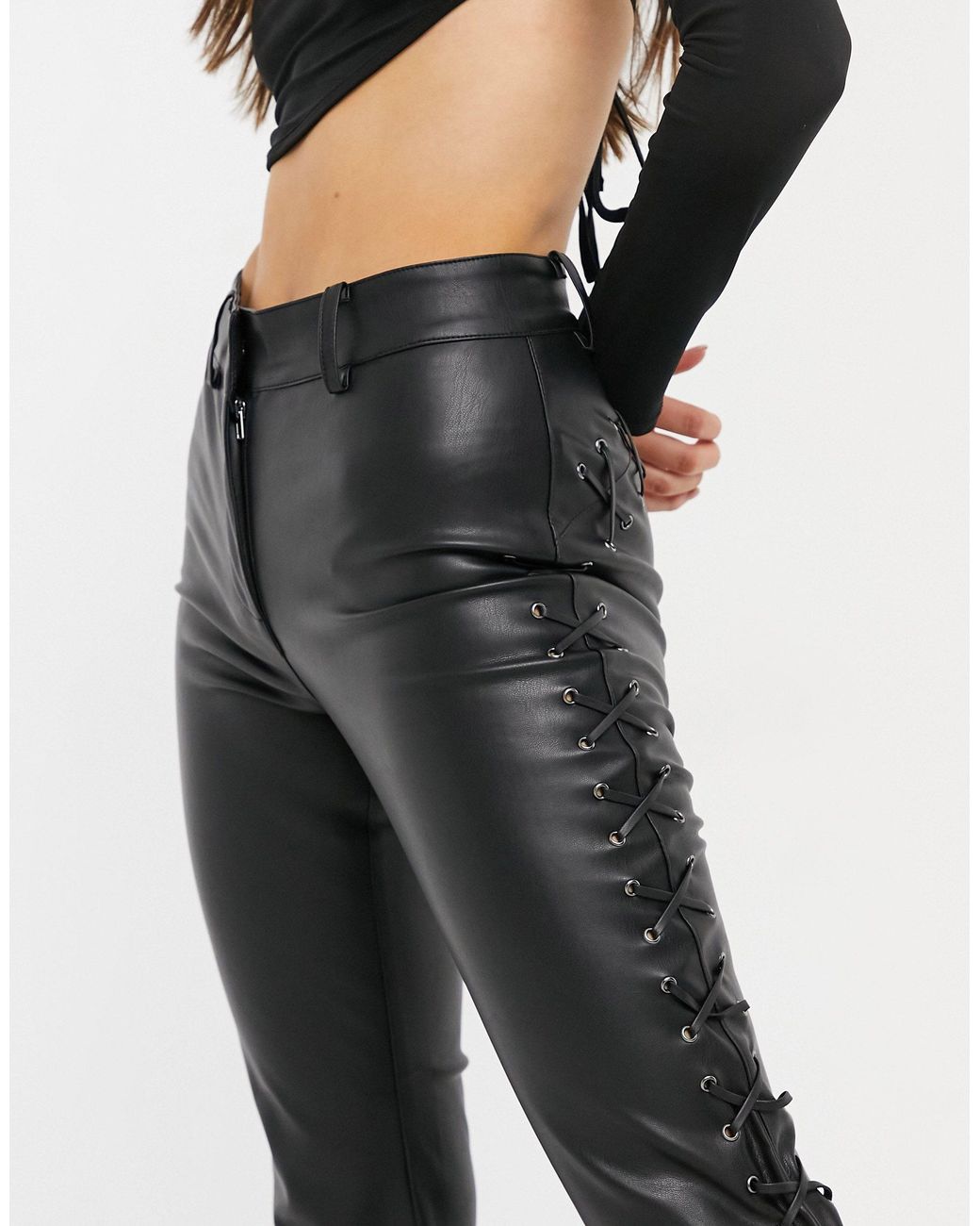 TOPSHOP Faux Leather Lace Up Flare Pants in Black | Lyst UK