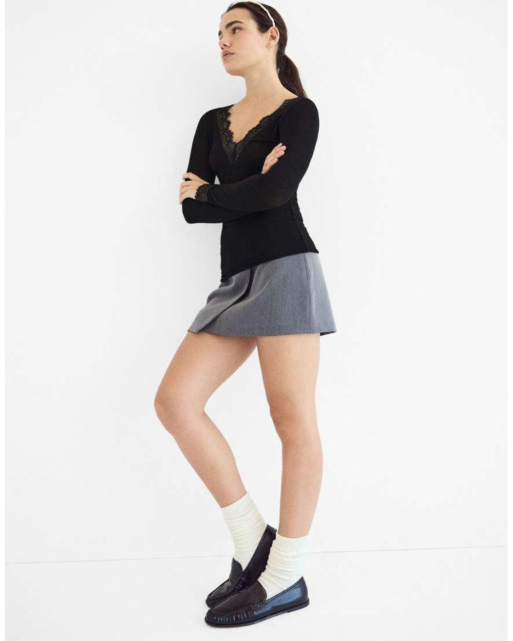Stradivarius Black Cashmere Blend Long Sleeve V-Neck T-Shirt