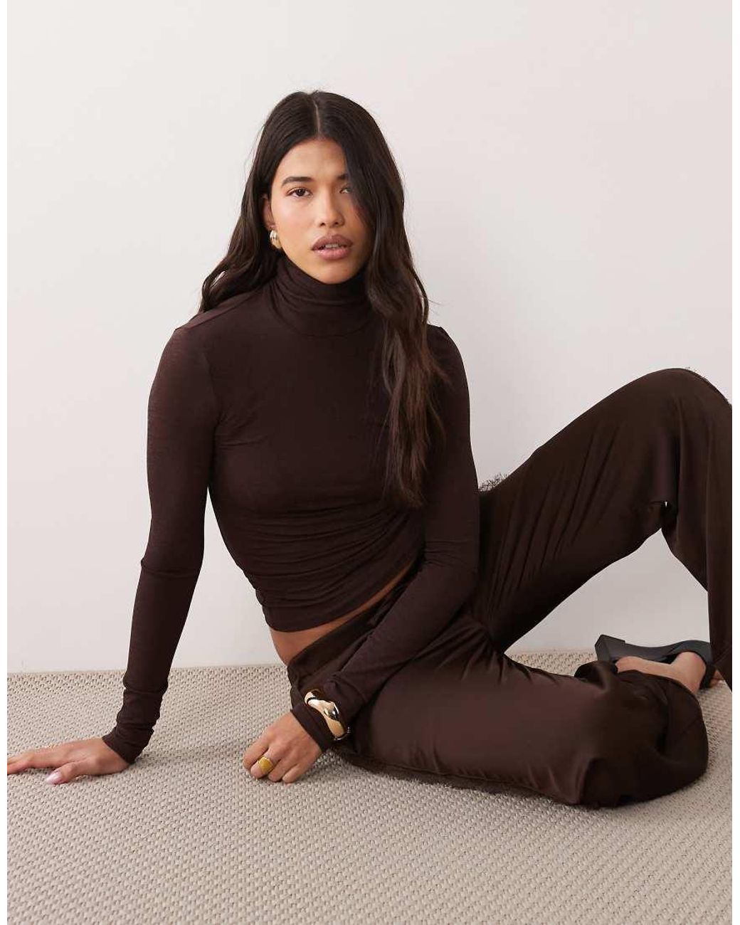 Noughts & Kisses Brown Gina Sheer Knitted Roll Neck Top