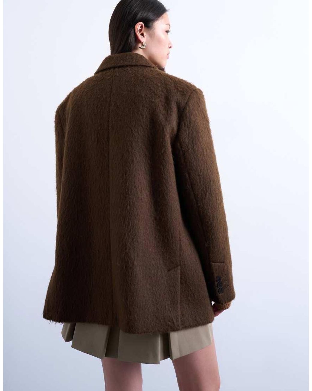 TOPSHOP Brown Long Brushed One Button Blazer Coat With Wool