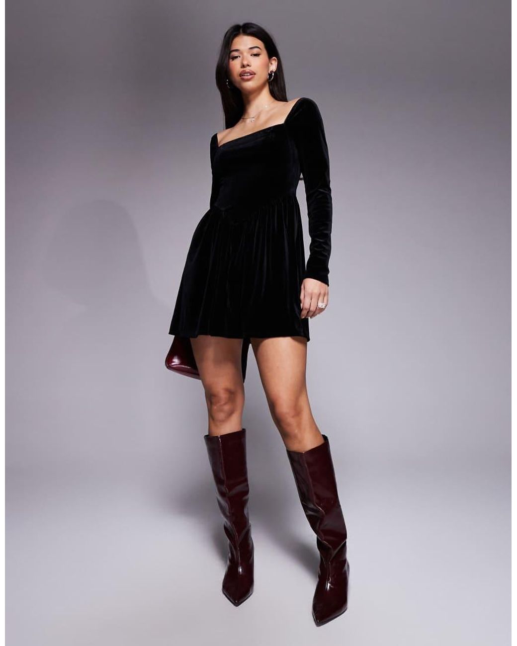 ASOS Black Velvet Long Sleeve Square Neck Mini Dress