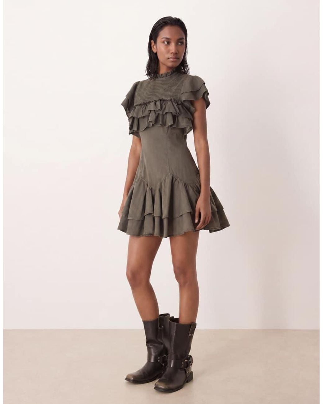 ASOS Natural High Neck Ruffle Mini Dress With Shirring