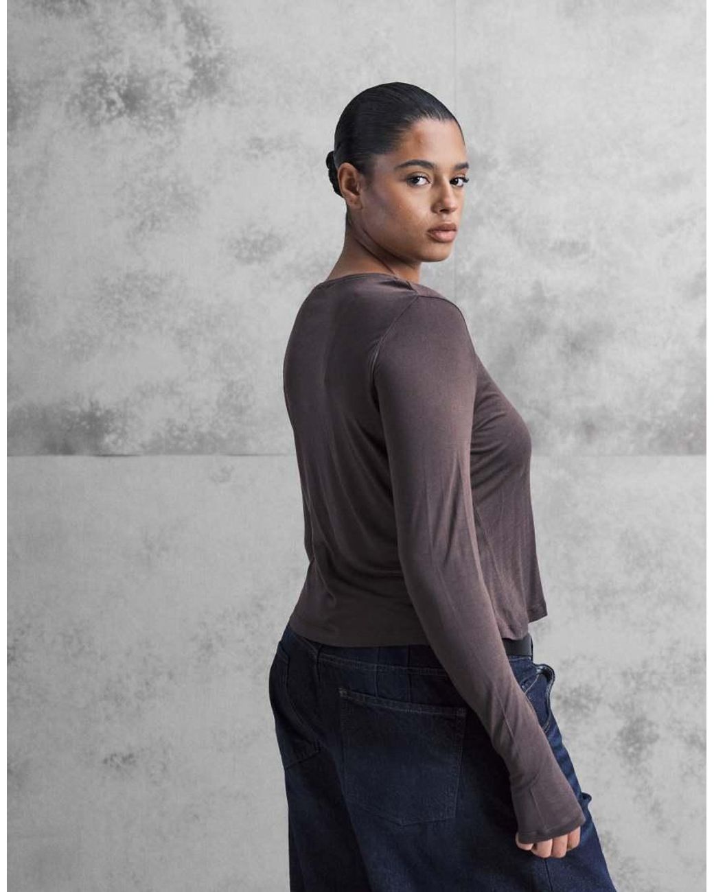 ASOS Gray Asos Design Curve Semi Sheer Long Sleeve Top