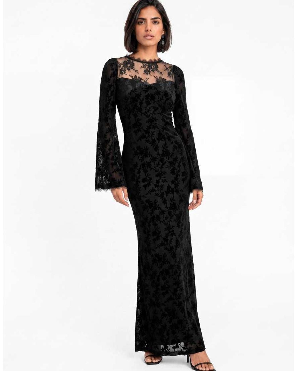 Maya Black Floral Velvet Burnout Bell Sleeve Maxi Dress