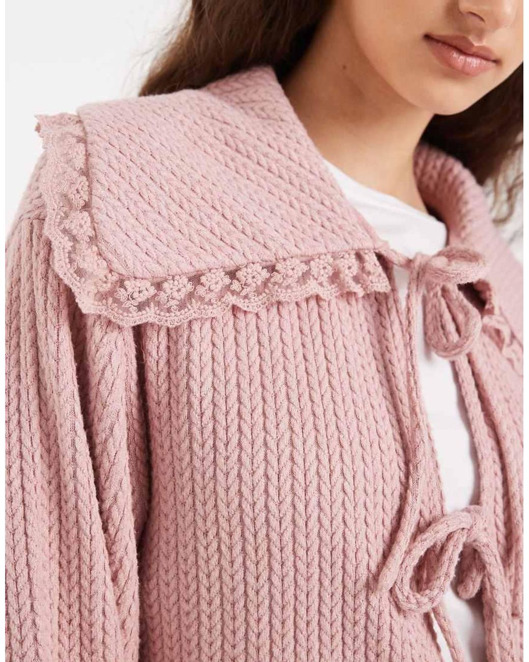 Miss Selfridge Pink Tie Front Cardigan With Lace Trim Collar