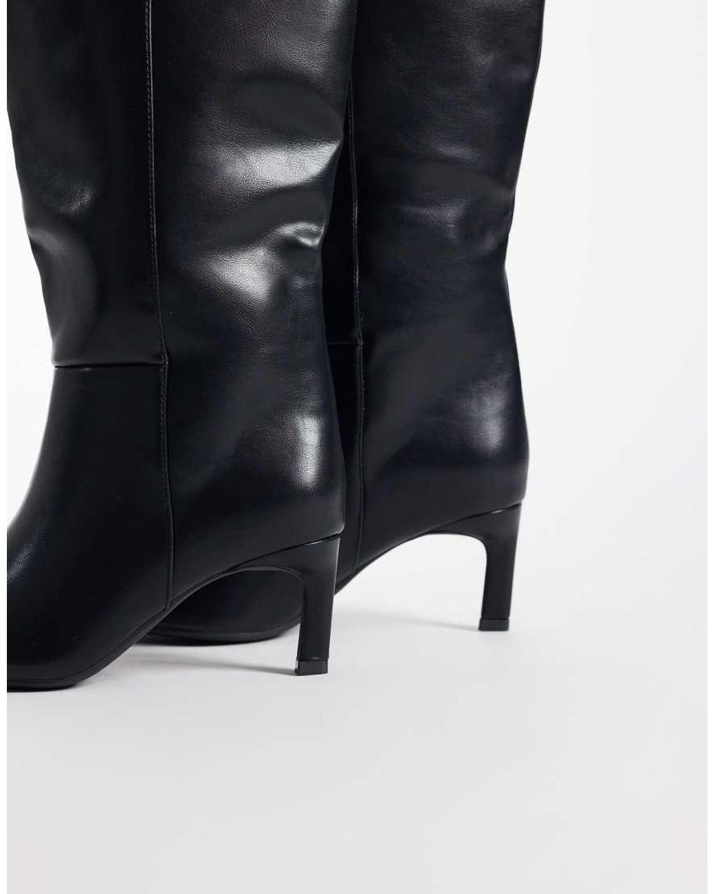 SEQWL Wide Fit Black Benz Knee High Kitten Heel Boots