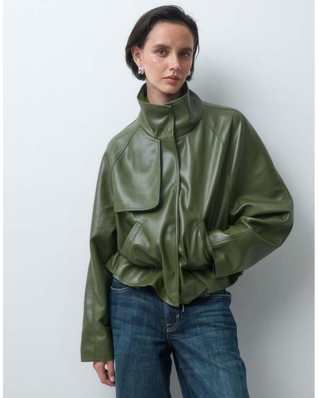 ASOS Green Cinched Waist Leather Look Funnel Jacket